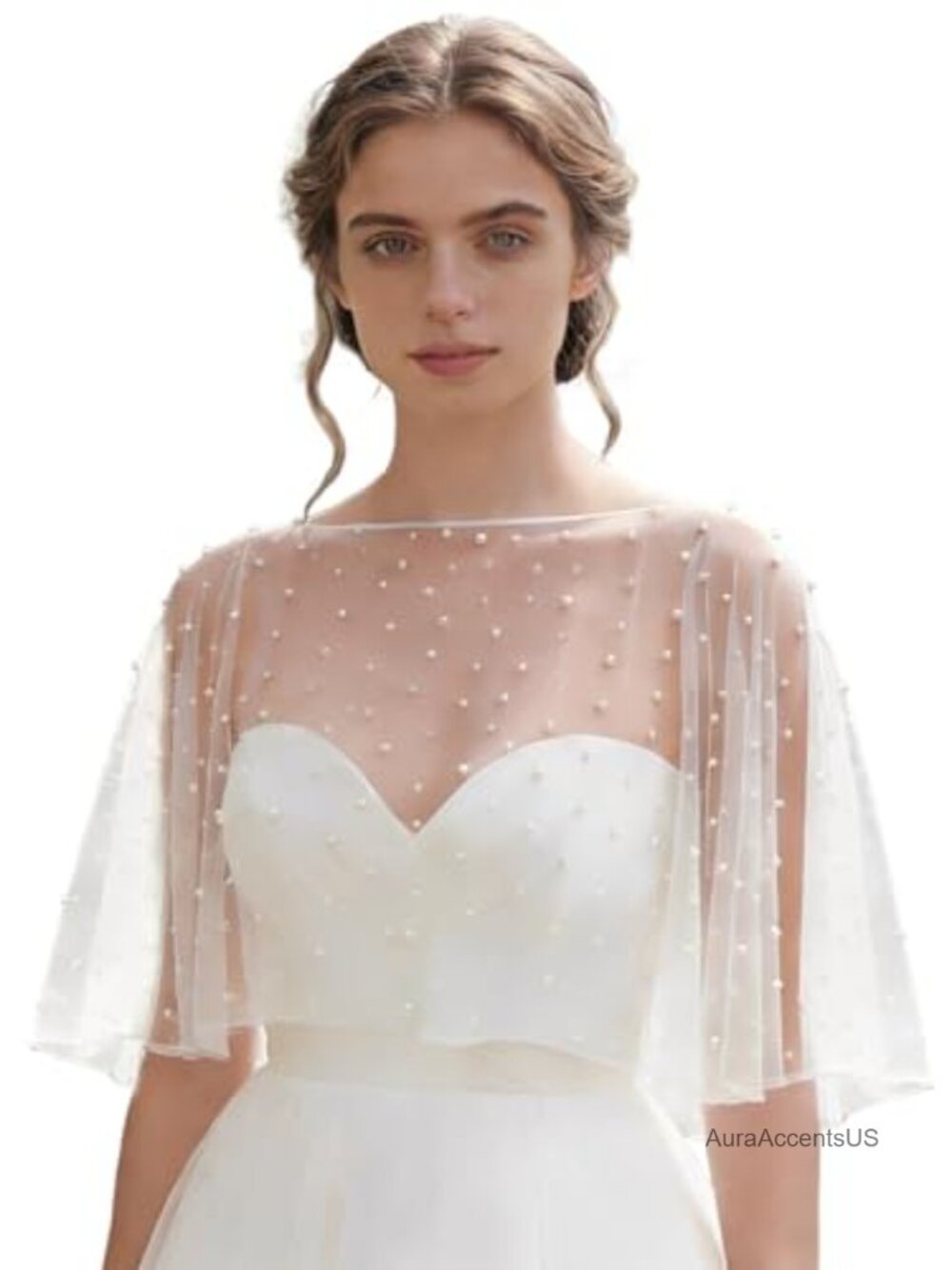 Pearl Shawl Wrap Shrug Bridal Capelet Satin Edge Tulle One Size